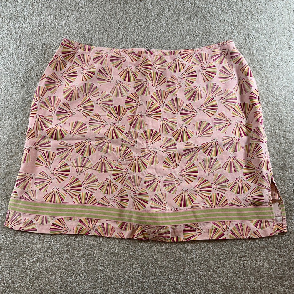 Anne Carson Pink Silk Skirt Size 16 Fan Print Green Trim Mini skirt